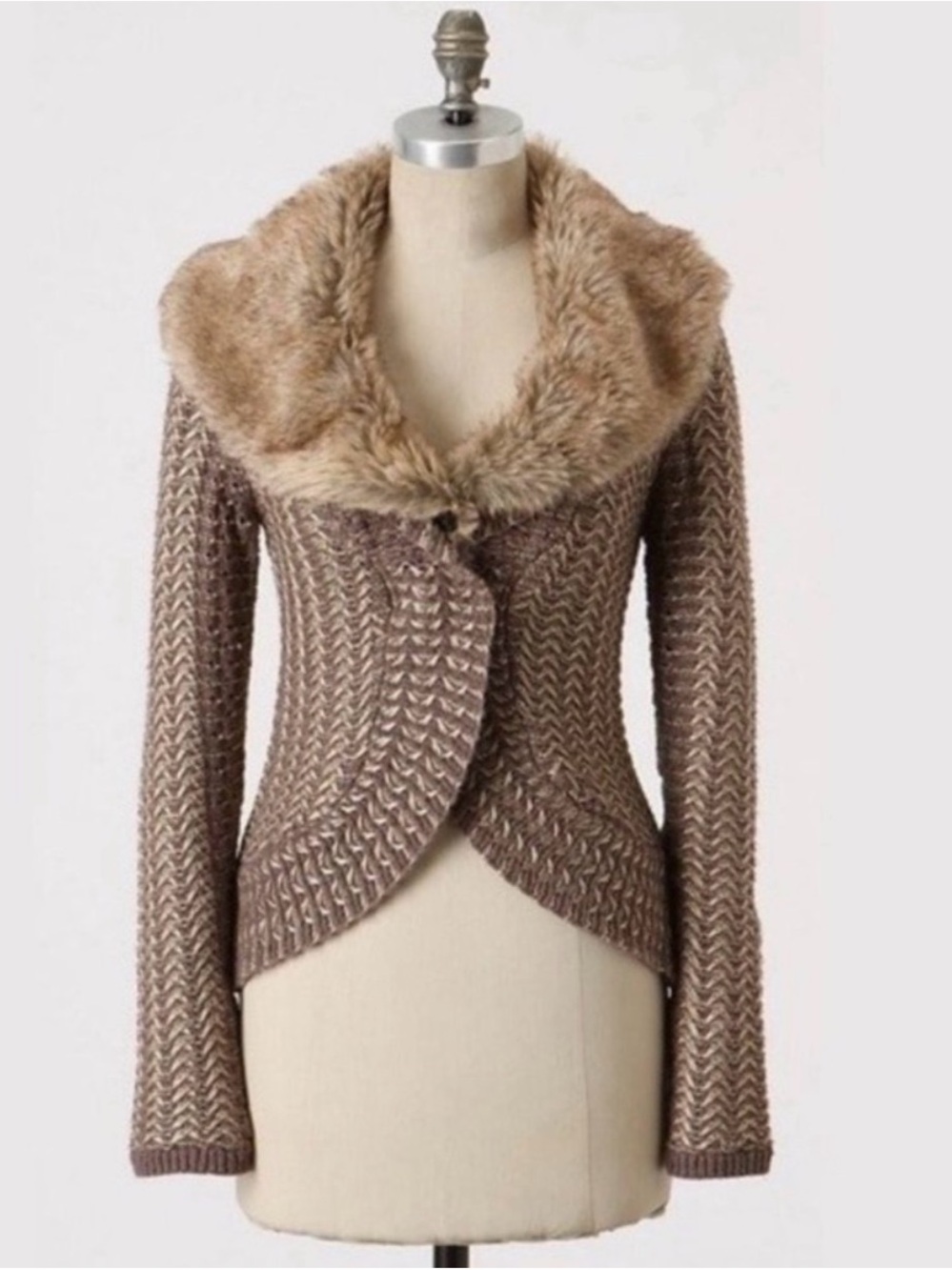 ANTHROPOLOGIE CHARLIE ROBIN Rushcliffe Faux Fur Collar Cardigan Sweater S